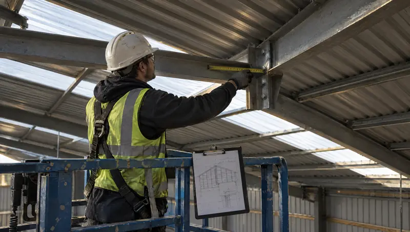 A structural engineer measuring a steel purlin and rafter connection inside a factory roof
