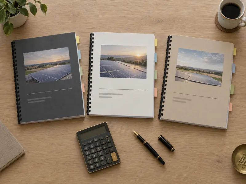 Three bound solar proposals laid side by side on a meeting table