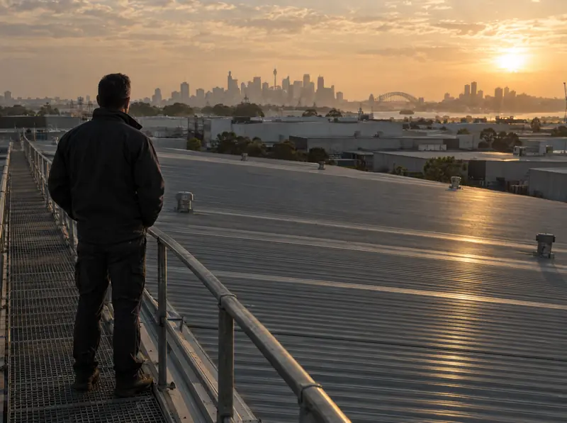 A facility manager standing on a bare warehouse roof at golden hour