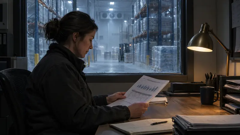 An operations manager reading a printed solar performance report in a cold storage office